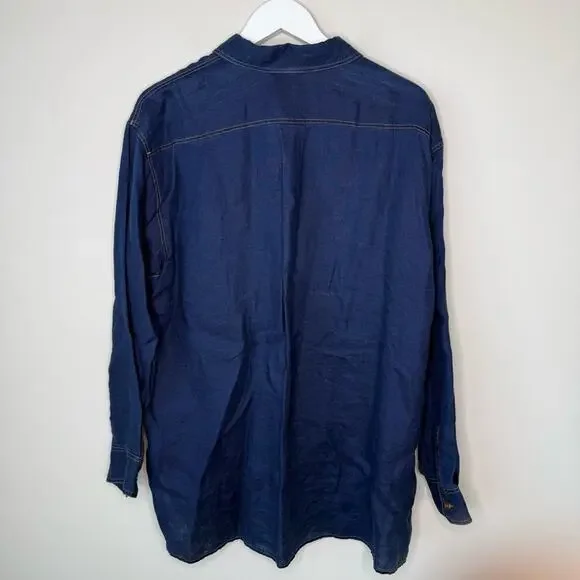 Lafayette 148 | Everson Linen Chambray Button Up Shirt Size Medium Dark Wash - Picture 7 of 9